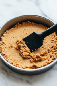 A spatula smoothing the creamy cheesecake layer over the biscuit base inside a round tin.