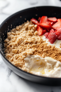 A 9-inch springform pan with the crumb mixture being firmly pressed into the bottom and halfway up the sides.