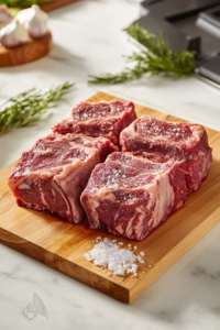 A close-up of a raw 4-pound chuck roast resting on a wooden cutting board, generously coated with evenly distributed salt and pepper. The scene is set on a white marble cooktop, preparing the roast for the searing process.