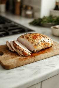 A close-up of a wooden cutting board on a white marble cooktop, as a freshly cooked turkey breast rests for 10 minutes before slicing. Juices glisten on the golden-brown surface, locking in moisture for a tender and delicious meal.