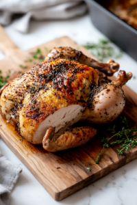 A close-up of a wooden cutting board on a white marble cooktop, with the slow-cooked whole chicken resting for 10 minutes before slicing. The golden-brown skin glistens with juices, ensuring a moist and flavorful meal.