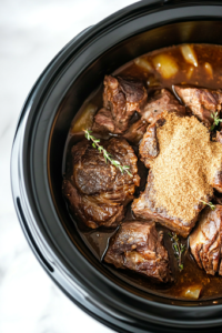 A close-up of a slow cooker on a white marble cooktop, with the seared chuck roast placed inside. A hand is seen sprinkling a packet of dry onion soup mix evenly over the top of the meat, ensuring a flavorful seasoning.