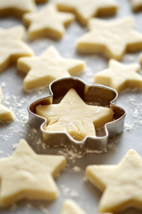 Shortbread dough rolled out to 1/4-inch thickness on a lightly floured white marble cooktop. A cookie cutter is pressed into the dough, creating uniform shapes