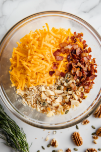 A glass mixing bowl on a white marble cooktop, now layered with chopped walnuts, shredded cheddar cheese, sunflower seeds, and crispy crumbled bacon. The colorful ingredients create a visually appealing contrast, ready to be mixed.