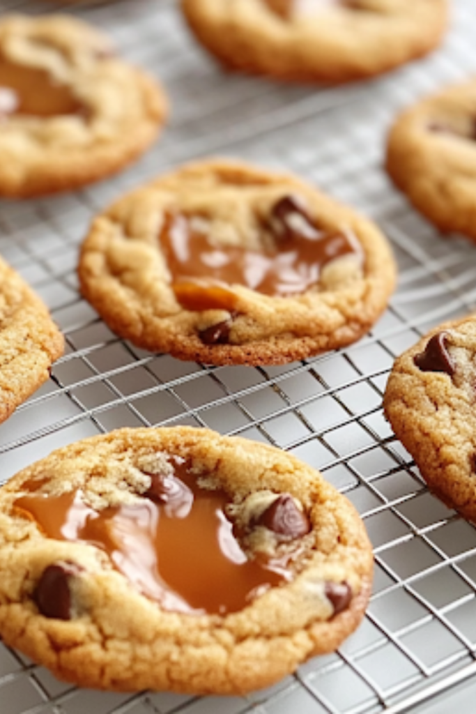 A close-up shot of freshly baked chocolate chip caramel cookies cooling on a wire rack over the white marble cooktop. The cookies have gooey melted caramel strands and slightly crisp edges, creating a perfect balance of textures.