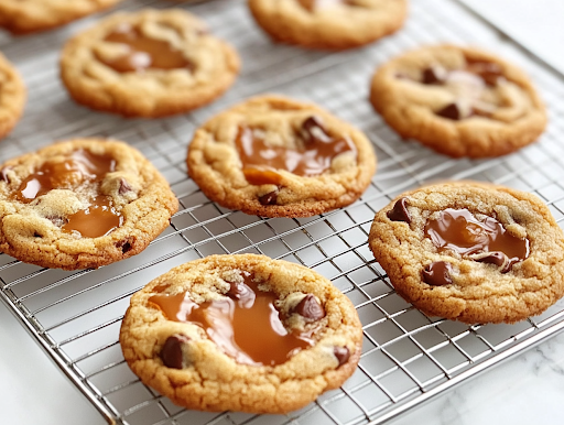 A close-up shot of freshly baked chocolate chip caramel cookies cooling on a wire rack over the white marble cooktop. The cookies have gooey melted caramel strands and slightly crisp edges, creating a perfect balance of textures.