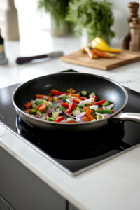 A skillet with olive oil heating up, filled with sliced onions, red and green bell peppers, and chopped garlic sizzling in the pan. The vibrant vegetables are being stirred.