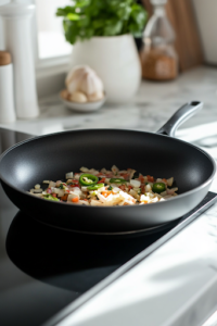 Chopped onion, diced jalapeño, and minced garlic sizzle in a hot skillet, turning soft and releasing their rich, fragrant aroma, building a flavorful base for the dish.