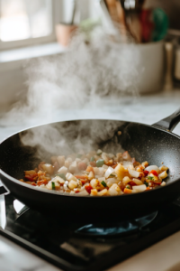 A close-up shot of the same black skillet on the white marble cooktop, with diced onions and minced garlic sautéing in a drizzle of olive oil. The mixture turns soft and fragrant as steam gently rises, enhancing the aroma of the dish.