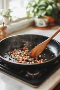 A large black skillet on the white marble cooktop holds melted butter sizzling as diced sweet onions are sautéed. The onions are turning translucent while a wooden spoon stirs them gently.