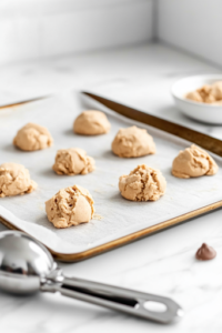 A close-up shot of a parchment-lined baking sheet on the white marble cooktop, with evenly spaced scoops of cookie dough placed about 2 inches apart. A cookie scoop rests nearby, with a fresh scoop of dough inside, ready to be placed onto the tray.