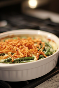 A serving shot of a spoonful of creamy green bean casserole being lifted from the slow cooker, with melty cheese and crispy onions visible. The layers of creamy sauce, tender green beans, and crunchy topping create the perfect comforting dish.