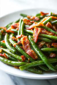 A close-up shot of a spoonful of buttery green beans with bacon being lifted from the black slow cooker on the white marble cooktop. The beans glisten with butter, while crispy bacon bits add a delicious contrast of texture and flavor, ready to be served.