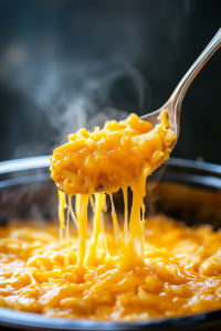 A serving spoon scooping out a portion of hot, bubbly Crockpot Cheesy Hashbrowns. Strings of melted cheddar cheese stretch between the spoon and the crockpot, highlighting the gooey, delicious texture. The white marble cooktop serves as a clean backdrop.
