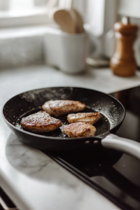 A close-up shot of a black skillet on a white marble cooktop, where seasoned chicken breasts are placed, sizzling as they sear to a golden brown. The surface of the chicken develops a delicious crust while a spatula is nearby, ready to flip the meat.