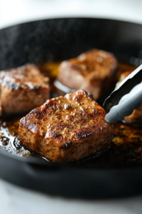 A close-up of a black cast iron skillet on a white marble cooktop, as a pork loin sizzles in hot avocado oil, forming a golden-brown crust. The edges caramelize while tongs carefully flip the meat, locking in flavor before slow cooking.