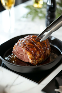 A close-up of a black cast iron skillet sizzling on a white marble cooktop as a large pork shoulder roast sears to a deep golden brown. A pair of tongs lifts the meat, revealing a beautifully caramelized crust that locks in flavor before slow cooking.