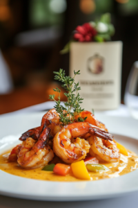 A plated dish of Jamaican Curry Shrimp served hot, garnished with fresh thyme, surrounded by a rich, creamy coconut curry sauce