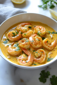 A bowl of jumbo shrimp tossed with 1 tablespoon of vibrant yellow Jamaican curry powder and all-purpose seasoning, resting for 10 minutes.