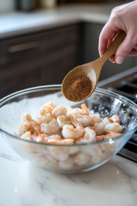 Close-up shot of a glass mixing bowl on the white marble cooktop, filled with raw jumbo shrimp. A hand sprinkles steak seasoning over the shrimp while a wooden spoon is ready to toss them.