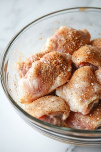 A close-up of a clear glass mixing bowl on a white marble cooktop, filled with raw chicken thighs. A hand sprinkles a seasoning mix of garlic powder, paprika, onion powder, salt, and Italian seasoning over the chicken, ensuring an even coating for a flavorful dish.