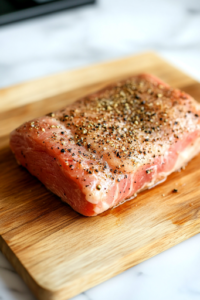A close-up of a large wooden cutting board on a white marble cooktop, as a pair of hands pat a fresh pork loin dry with paper towels. The meat is then evenly seasoned with kosher salt, black pepper, garlic powder, and onion powder, preparing it for searing.