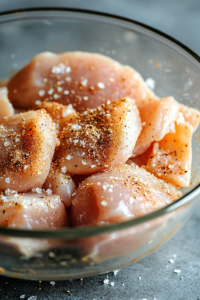 A close-up view of raw, boneless, skinless chicken breasts in a glass bowl, generously sprinkled with garlic powder, seasoning salt, and onion powder. The spices evenly coat the meat, enhancing its flavor before cooking.