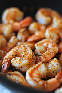 A close-up shot of a hand sprinkling Old Bay seasoning over the shrimp in a black skillet over a white marble cooktop. The reddish seasoning evenly coats the shrimp as they sizzle, adding a rich color and aromatic spices.