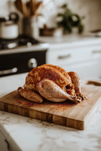 A close-up of a whole raw chicken on a wooden cutting board over a white marble cooktop, as a hand generously rubs the seasoning mix all over the skin, ensuring even coverage for a flavorful and well-seasoned roast.