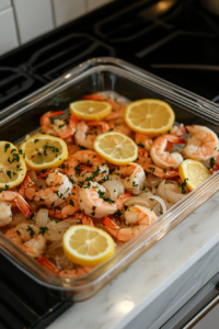 Close-up shot of a chilled serving platter on the white marble cooktop, beautifully arranged with marinated shrimp, lemon slices, and onions. The shrimp glisten with the flavorful marinade, ready to be enjoyed