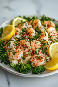Close-up shot of a serving plate on the white marble cooktop, garnished with fresh parsley and chili pepper flakes. Shrimp and broccoli are beautifully arranged, with lemon slices adorning the dish