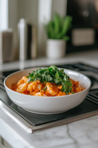 Close-up shot of a bowl of cooked rice on the white marble cooktop, topped with a generous portion of the coconut curry shrimp mixture. Fresh cilantro is sprinkled on top for garnish, adding a burst of green
