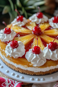 Close-up shot of the cheesecake on a serving platter, topped with pineapple filling, a generous swirl of whipped cream, and garnished with maraschino cherries.