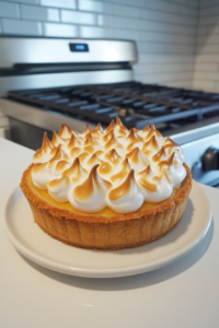 Close-up shot of a spoon spreading fluffy vegan meringue over the chilled lemon pie, creating decorative peaks. A blowtorch gently toasts the tips to golden perfection