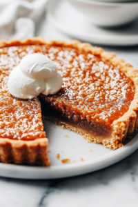 Close-up shot of a golden-brown Vegan Treacle Tart resting on a wooden serving board over the white marble cooktop. A slice is cut and lifted, revealing the sticky, sweet filling. A drizzle of vegan cream or a scoop of dairy-free ice cream sits beside the tart, ready to be enjoyed.