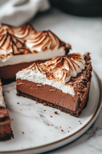 Close-up shot of a beautifully sliced Vegan Chocolate Meringue Pie on a plate, resting on the white marble cooktop. The chocolate filling is rich and creamy beneath the toasted meringue, with a fork taking a bite