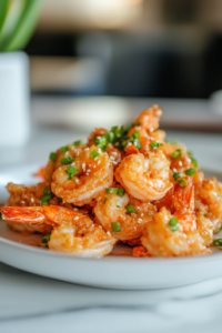 A serving plate on a white marble cooktop, piled high with crispy Bang Bang Shrimp. The dish is garnished with finely chopped green onions and sesame seeds, ready to be enjoyed