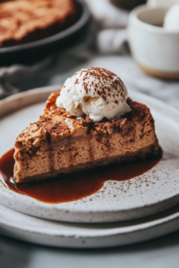 A serving plate on a white marble cooktop, featuring a warm scoop of Vegan Chocolate Pudding Cake with thick chocolate sauce pooling around it. A scoop of dairy-free vanilla ice cream melts on top.
