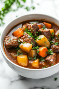A close-up shot of a rustic bowl filled with steaming slow cooker beef stew, garnished with fresh parsley. A slice of crusty bread rests on the side, ready to soak up the flavorful broth, completing this cozy, homemade meal.