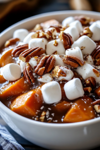 A close-up shot of a serving bowl filled with warm, caramelized slow cooker candied sweet potatoes, topped with toasted marshmallows and pecans. The glossy, buttery glaze coats each piece, while the soft lighting enhances the rich golden hues of the dish.