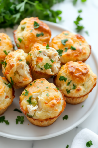 A serving plate with warm, golden-brown chicken pot pie muffins, garnished with fresh parsley. The plate sits on the white marble cooktop, ready to be enjoyed as a comforting homemade meal.