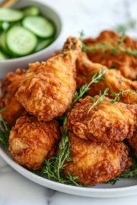 A serving platter filled with crispy, golden fried chicken, garnished with fresh herbs. The platter sits on the white marble cooktop, accompanied by a bowl of Crockpot Green Bean Casserole and a fresh Cucumber Salad, ready to be served