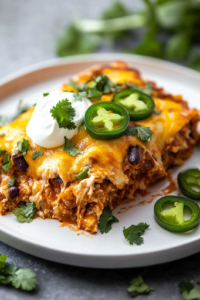 A white plate on a white marble cooktop with a serving of Mexican casserole, topped with fresh cilantro, a dollop of sour cream, and sliced jalapeños. A fork rests beside the dish, ready to take a bite of the warm, cheesy, and flavorful meal.