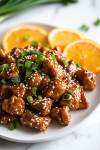 A white plate on a white marble cooktop with a serving of orange chicken, garnished with sesame seeds, thinly sliced green onions, and fresh orange slices. A side of Keto Cabbage Rice sits in the background, complementing the dish with a healthy, flavorful balance.