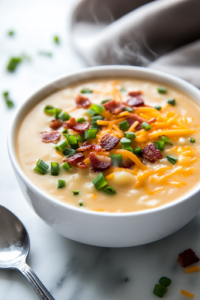 A white soup bowl on a white marble cooktop, filled with steaming potato soup. The dish is garnished with crispy bacon bits, sliced green onions, and extra cheddar cheese, adding a pop of color and flavor. A spoon rests beside the bowl, ready for a comforting meal.
