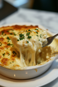 A plated serving of turkey and Gruyère casserole, garnished with fresh parsley. A forkful of the cheesy, savory casserole is lifted, showing the tender turkey and creamy texture inside, ready to be enjoyed.