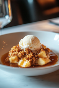 A bowl with a warm serving of slow-cooked apple crisp on a wooden countertop. A scoop of melting vanilla ice cream is on top, drizzled with caramel sauce. A spoon rests beside the bowl.