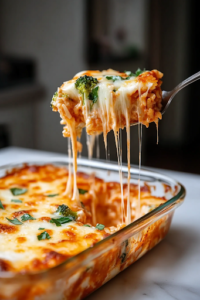 A serving spoon lifts a generous portion of the cheesy casserole from the glass baking dish on the white marble cooktop. Layers of melted cheese, creamy rice, and tender broccoli are visible, with gooey cheese stretching between the layers.