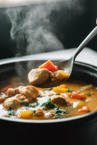 A close-up shot of a ladle lifting a steaming scoop of slow-cooked chicken and vegetable stew from the black slow cooker over the white marble cooktop. The rich, creamy broth drips slightly as the hearty ingredients—chicken, carrots, and potatoes—are showcased, ready to be served.