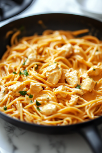 A serving spoon lifts a generous portion of Chicken Pot Pie Noodle Skillet from the black skillet on the white marble cooktop. The creamy noodles, tender chicken, and colorful vegetables glisten, ready to be served.